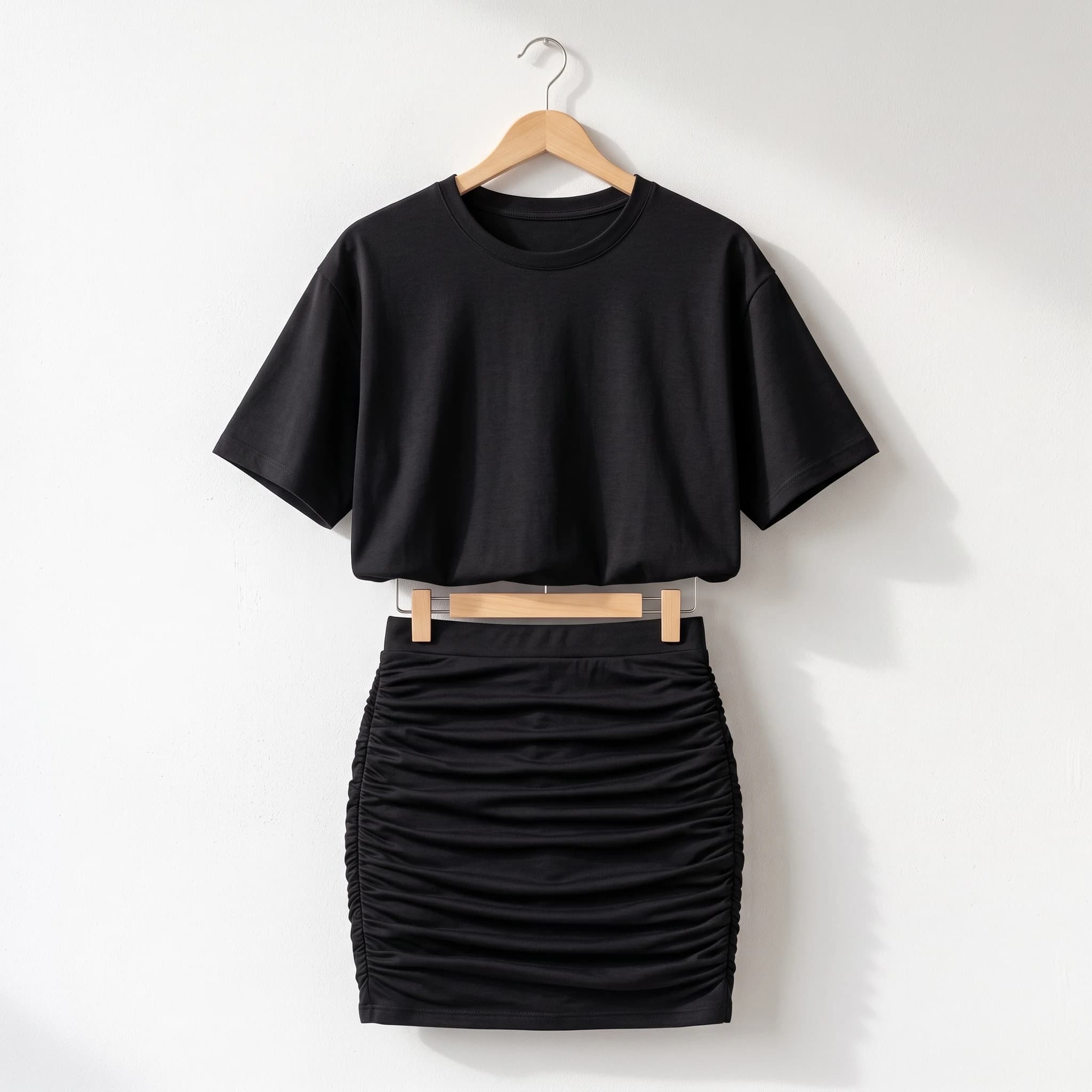 Conjunto camiseta oversize y falda fruncida negro, foto 4